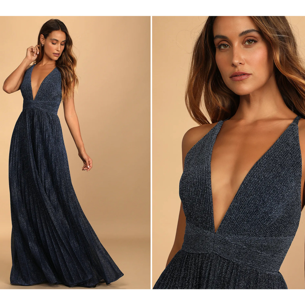 Lulus Especially Stunning Blue Glitter Pleated Maxi Gown Deep V Strappy Back XL